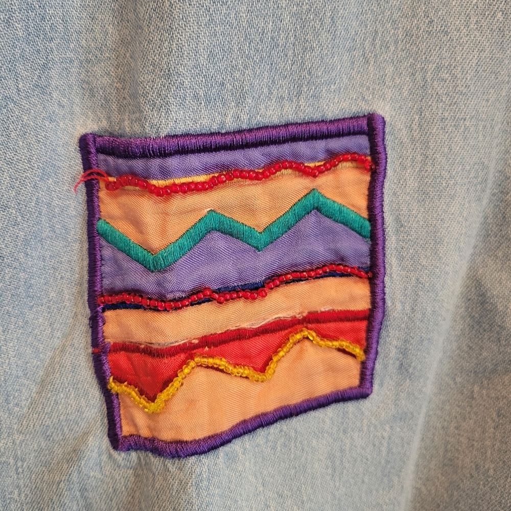 Vintage 90s Patchwork Denim Shirt Large Beaded Boho Art Teacher Chic - Picture 10 of 12